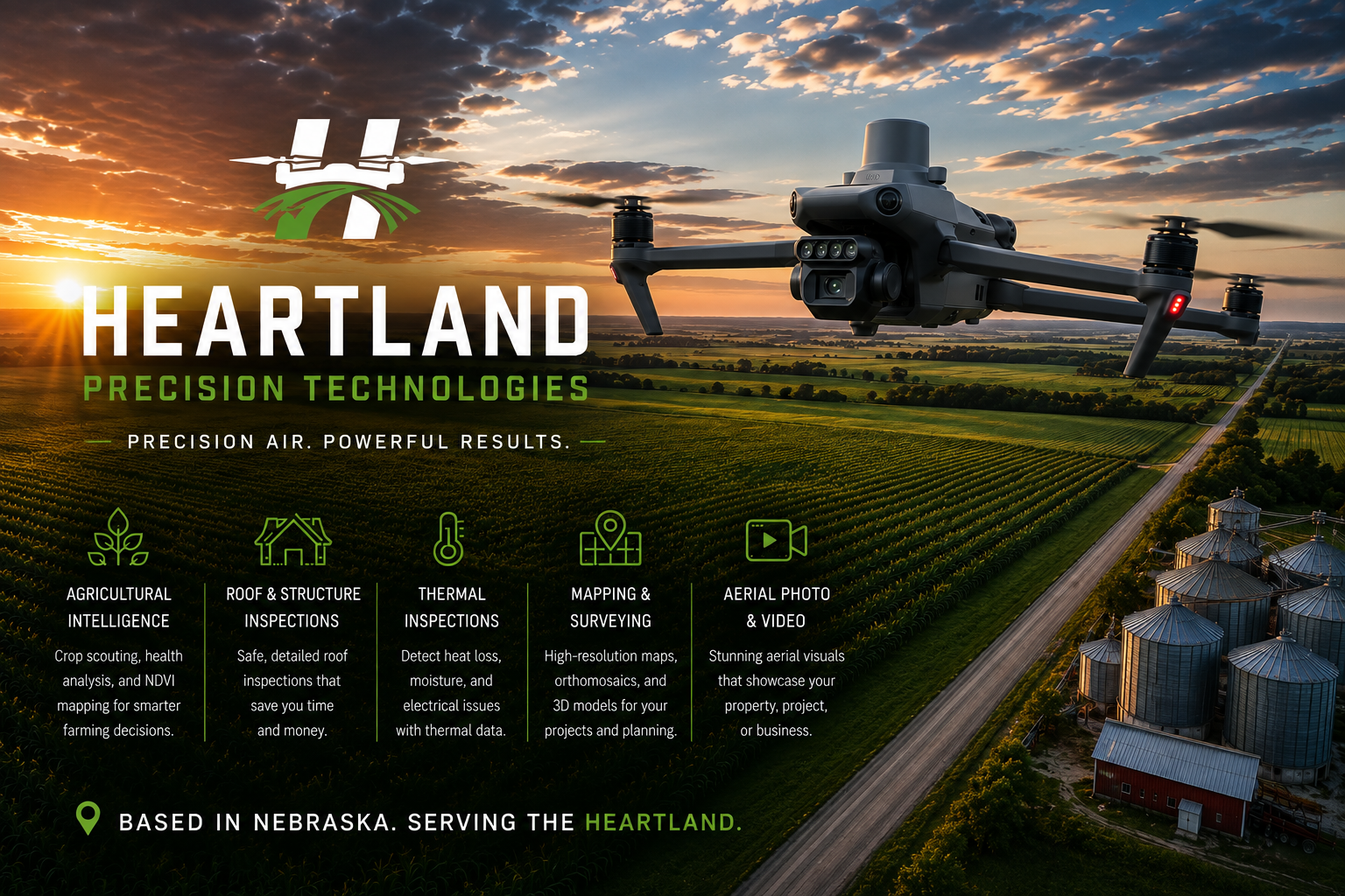 Heartland Precision Technologies promotional banner featuring a multispectral drone over Nebraska farmland and a summary of available drone services